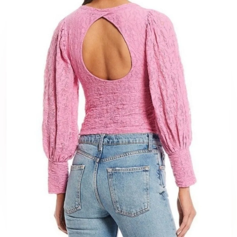 Free People Tea‎ Time Top Barbie Pink Lacey Puffed Sleeve Open Back Top